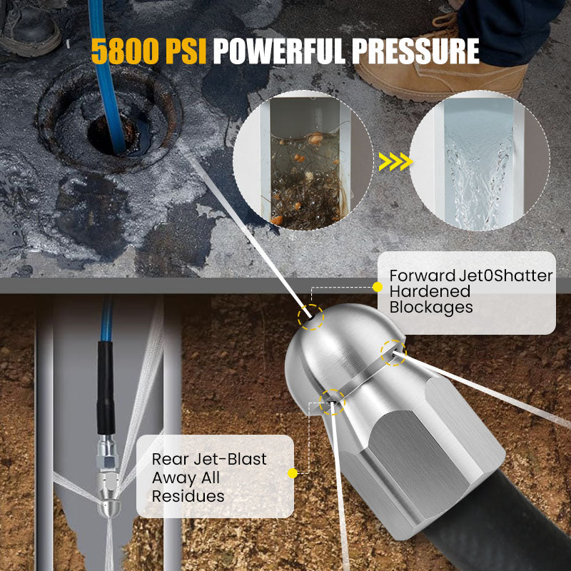 5800 PSI sewer cleaning kit Rotating nozzle and reinforced hose for unclogging pipes shipping